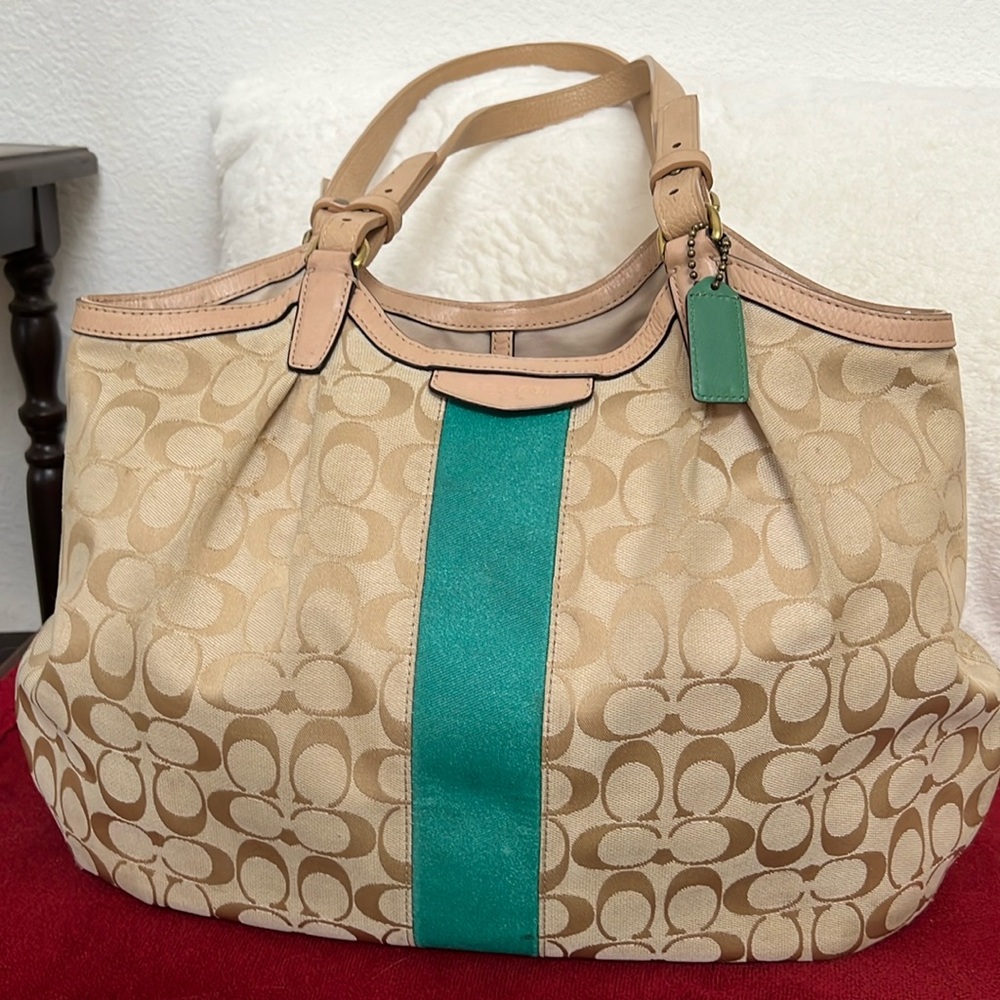 Coach big signature C with teal stripe tote/satchel